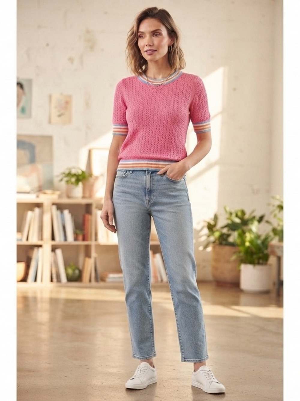 Brooks Brothers Pink Textured Knit Top | Size Small | 100% Cotton | Stripped